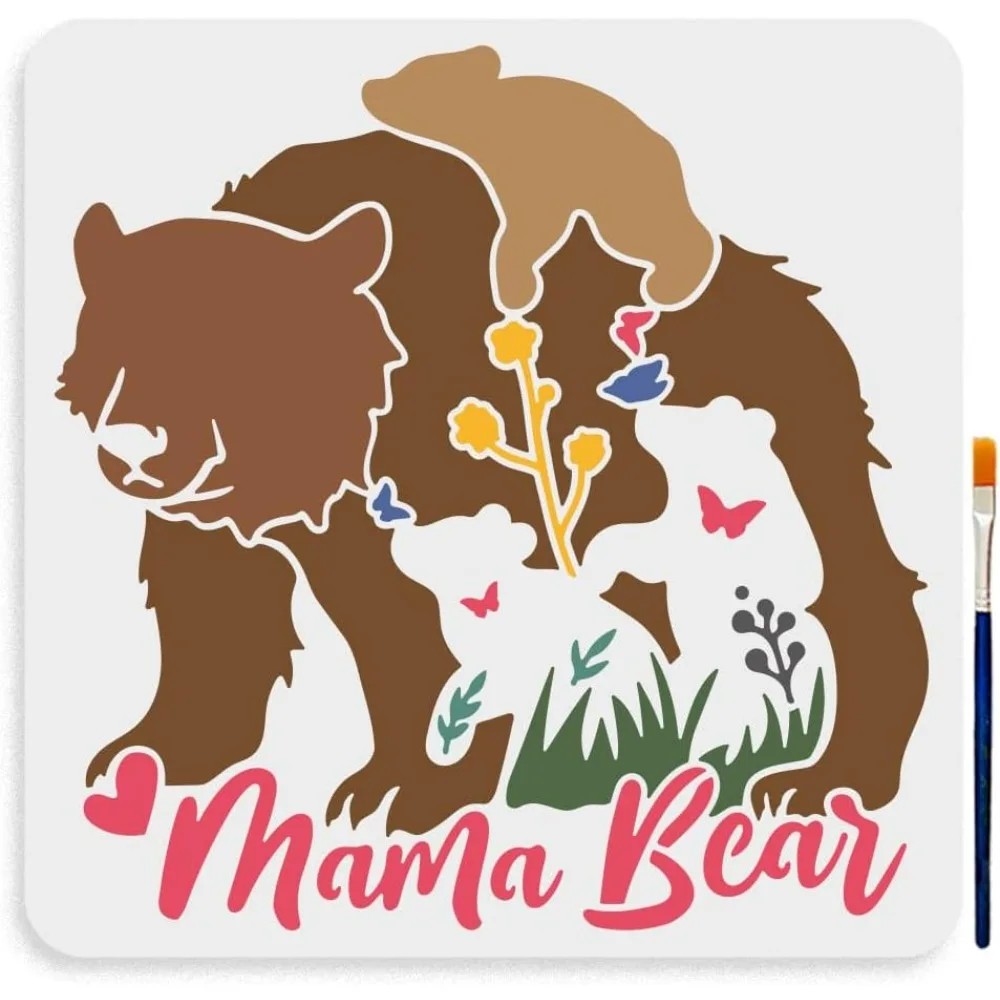 Momma Bear and Cub Stencil 11.8×11.8inch Mama Bear Drawing Stencils with Painting Brush Forest Wildlife Animal Stencils