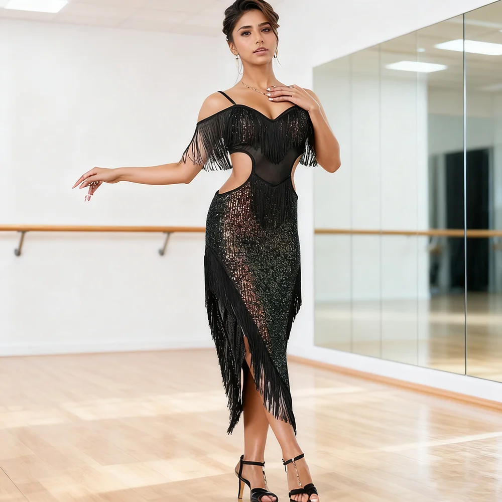 

Women's Sequined Tassel Latin Dance Dress Party Dress Stage Performance Costume Competition Dress