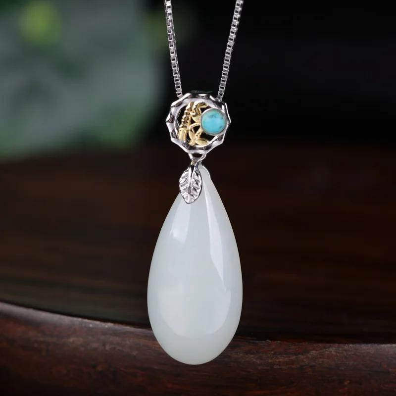 

With Certificate Gold and Silver Color Bamboo Knot Buckle Green Pine Water Drop Hetian Jade Pendant Vintage Palace Style Hanfu J