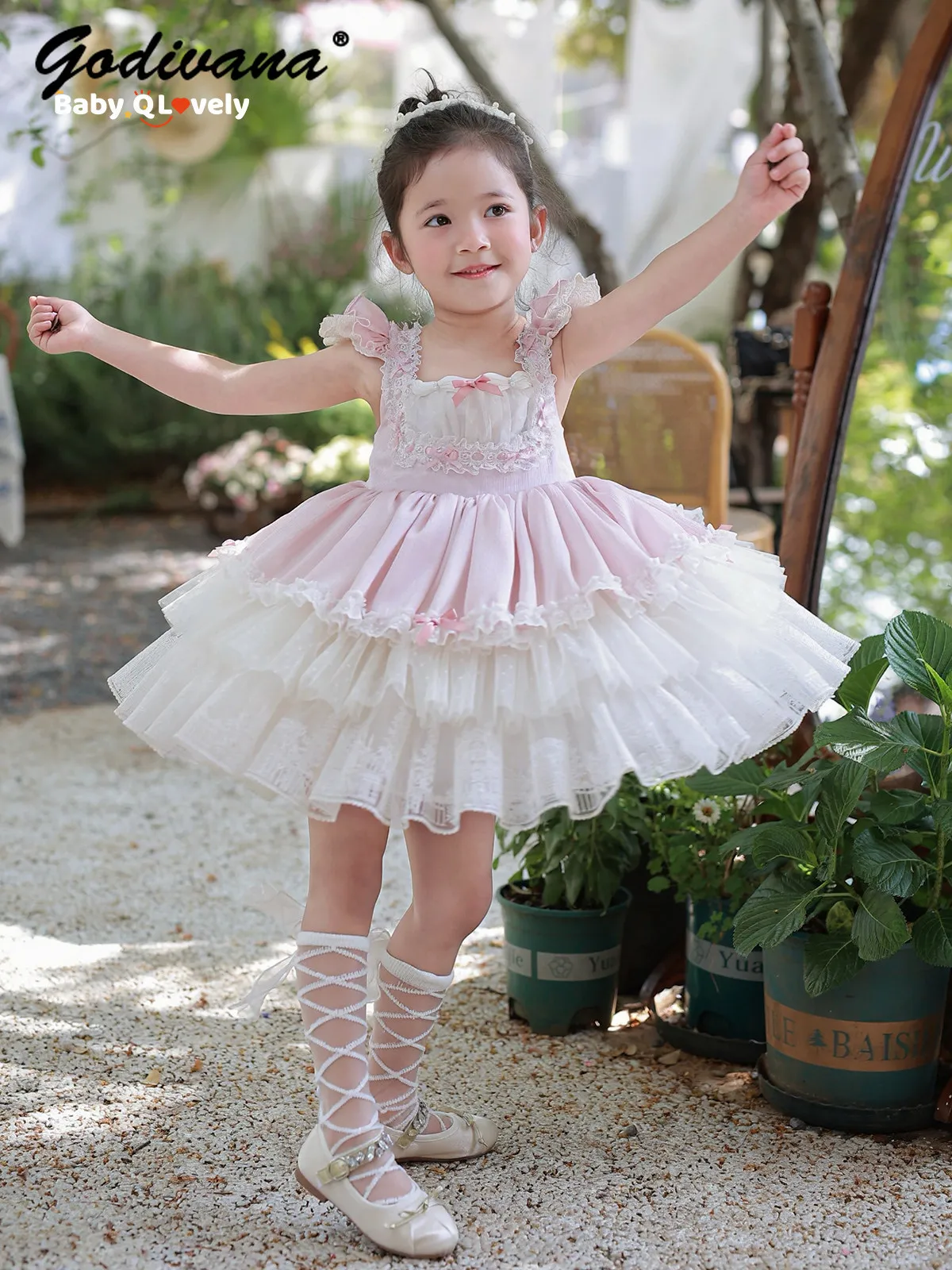 Original Baby Girls Sweet Ballet Pink Lolita Tutu Princess Dress 2026 New Summer Kids Feifei Sleeve Lace Trim Mesh Ball Gown