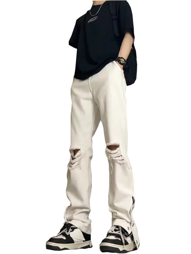 White Ripped Jeans Men's Design Split Micro Flared Button Pants Summer Loose Straight Leg High Street Trousers Youth Fashion - view 5