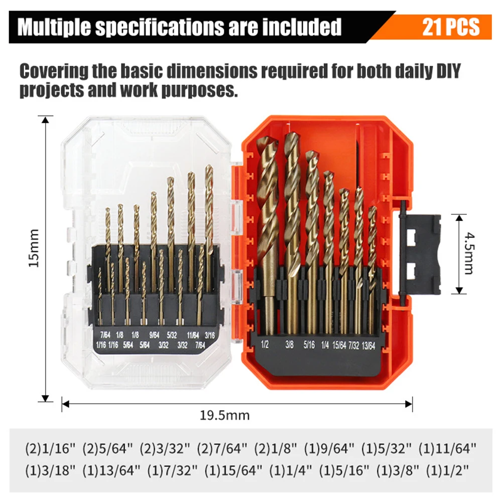 Broca de torção métrica de cobalto 5% m35 broca de haste reta de aço de alta velocidade 21 peças com caixa para metal aço inoxidável ferro
