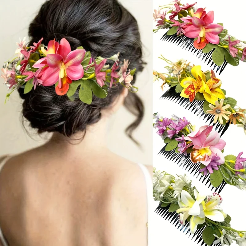 2pcs New Bohemian Simulation Orchid Flower Insert Comb Artificial Hair Side Comb Wedding Bride Headdress Decoration