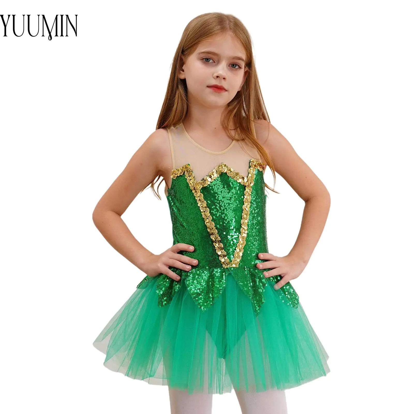 Girls Ballet Dance Dress Green Sequins Halloween Elf Mesh Tutu Gymastics Leotard Figure Skating Dance Performance Costume