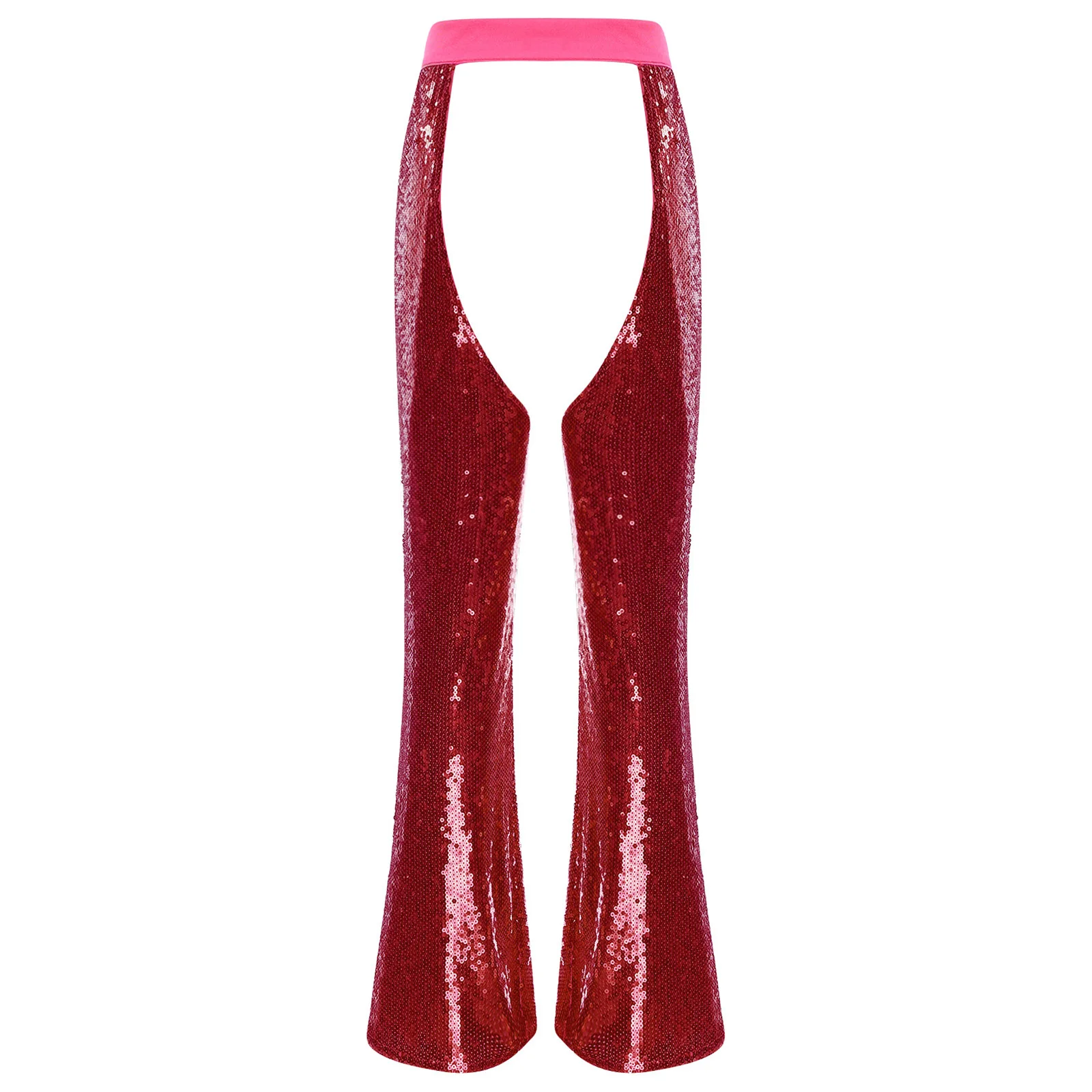 

Womens Halloween Crotchless Pants Glitter Sequin Cowgirl Chaps Adjustable Waist Crotch Hollow Out Fully Lined Flared Pants