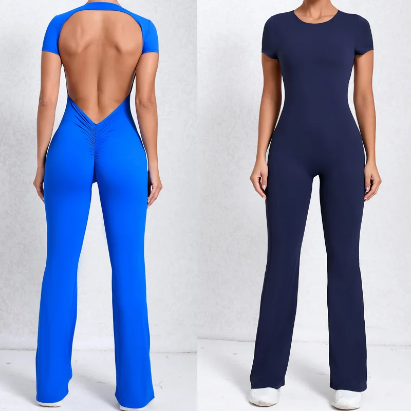 One-piece Short Sleeve Sport Yoga Jumpsuit Sportwear Women Flare Leggings Hollow Out Outfit Fitness Gym Tracksuit Set Women