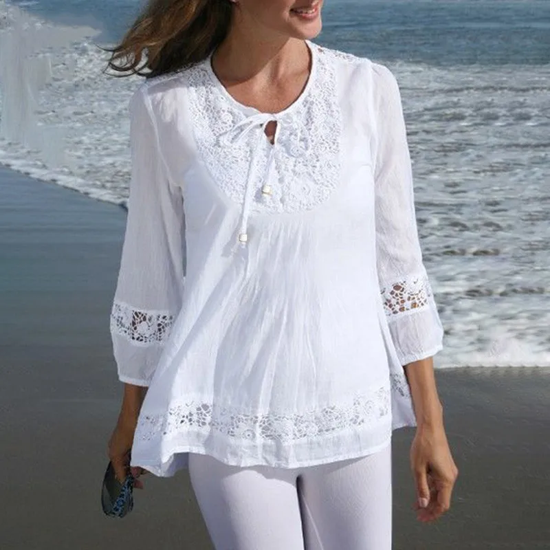 

Women's T-shirt Casual Daily Cotton Linen Splicing Loose Fitting Pullover Round Neck Lace Tie Spring Summer 3/4 Sleeve T-shirt