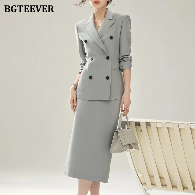 BGTEEVER Autumn Ladied 2 Pieces Skirt Set Long Sleeve Double Breasted Jackets & High Waist Pencil Skirts Women Blazer Set