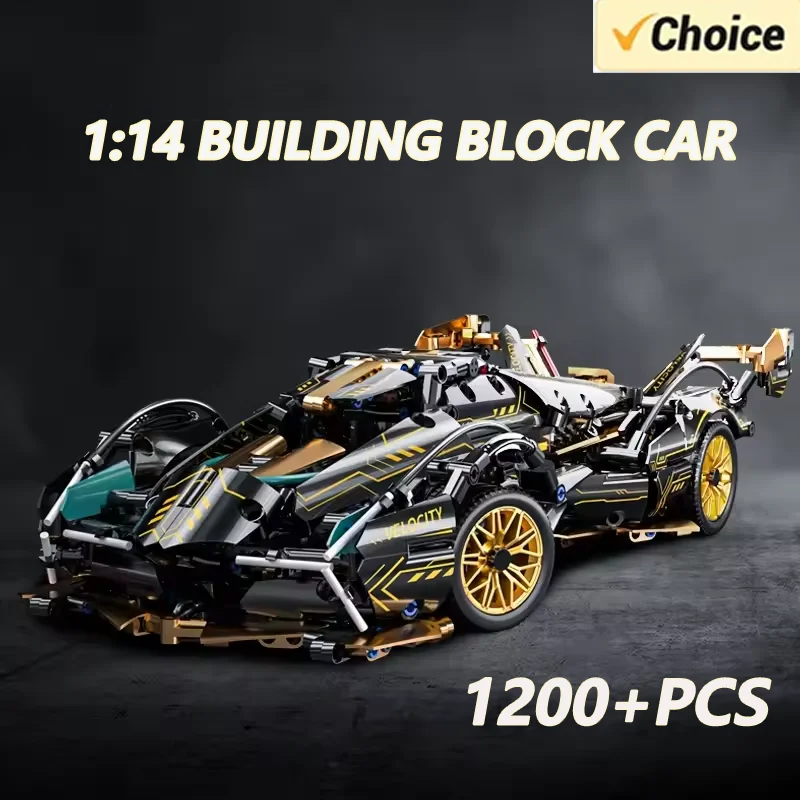 2025 Super Racing Black V12 Block Roadster RC Tech Racer 1:14 DIY Building Block 1200+PCS Assembly Block Car Toys Birthday Gifts