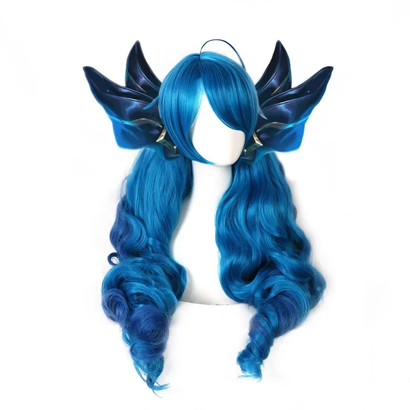 Game LOL Gwen Cosplay Wig Gradient Blue Wavy Side Part Wig With Bangs Ponytails Synthetic Hair For Halloween Cos Props
