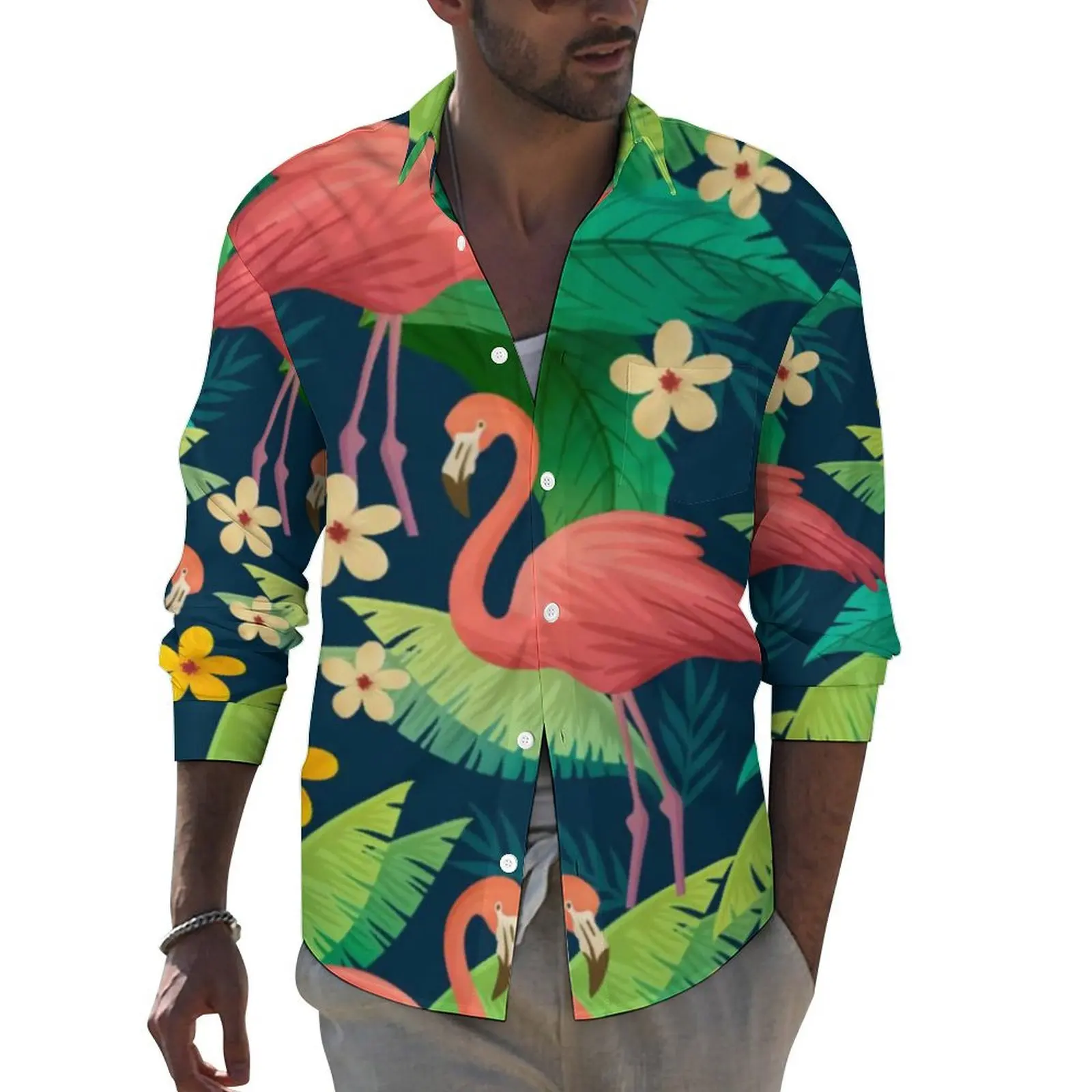 

Tropical Flamingo Shirt Male Green Leaves Print Casual Shirts Spring Street Blouses Long Sleeve Fashion Oversized Clothes Gift