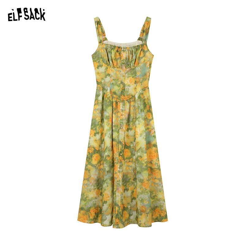 ELFSACK French retro oil painting printed camisole dress with waistband, light and sexy summer vacation dress