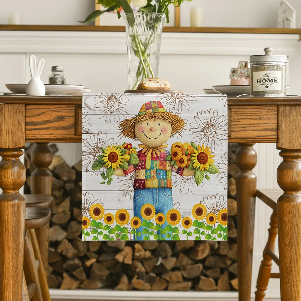 Scarecrow Sunflower Pumpkin Corn Table Runners Washable Dresser Dining Coffee Table Runner Wedding Holiday Party Decor