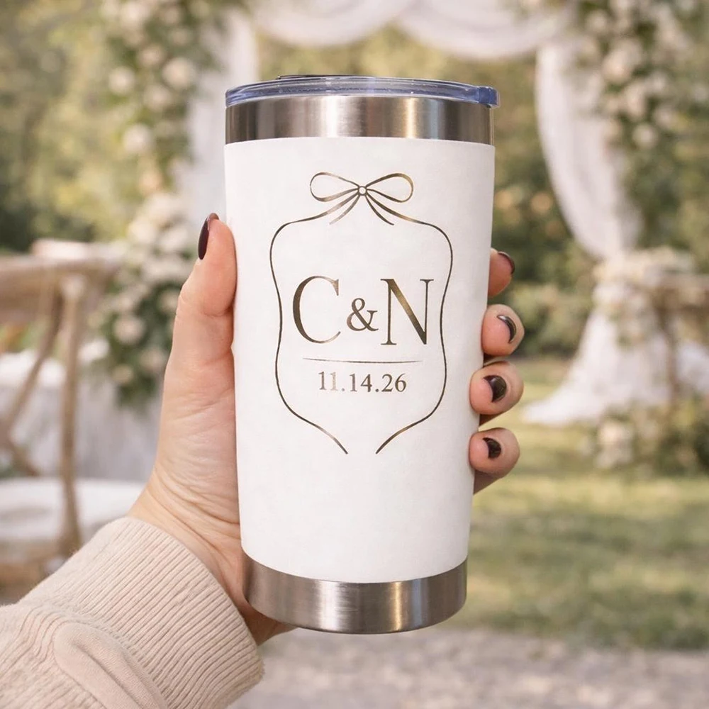 Personalized Initial Date 20oz Tumbler Bow Frame Custom Monogram Stainless Steel Coffee Cup Wedding Anniversary Couple Gift.