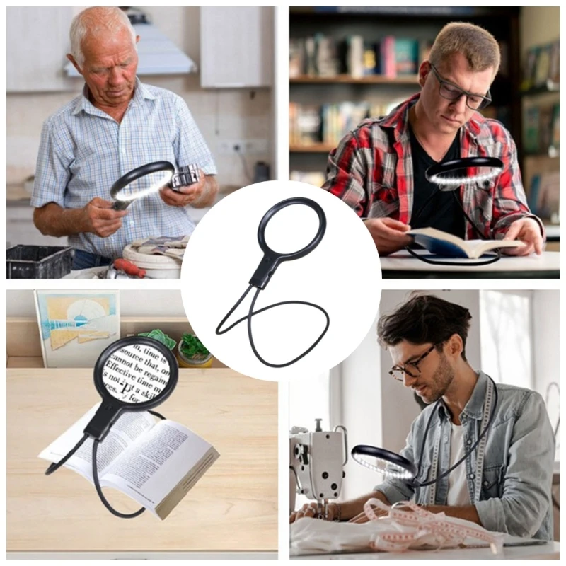 Rechargeable LED Handheld Magnifier with Three Color Lights & Neck Designs LED Glass For Elderly And Students