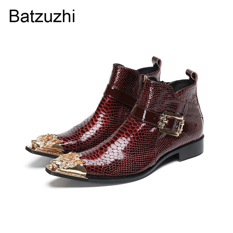 

Batzuzhi Luxury Handmade Men's Boots Golden Metal Toe Genuine Leather Ankle Boots Man Buckles Men Business, Party&Wedding Boots