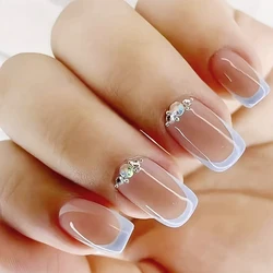 24Pc Short Square French Pink Blue Contrasting Sparkling Diamonds Girls Women Full Coverage Wearable Fake Nail Set