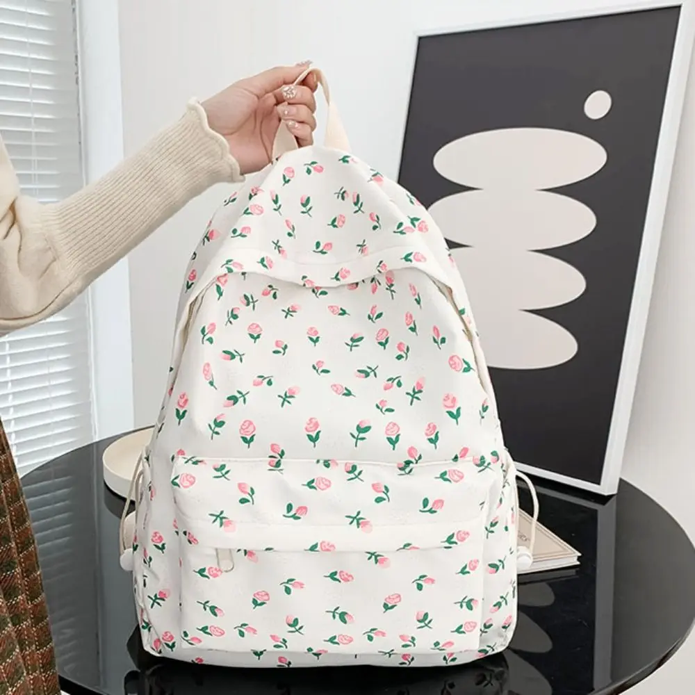 Multi Pocket Fashion Students Backpack Nylon Leisure Floral School Bag Aesthetic Casual Shoulder Bag Textbook