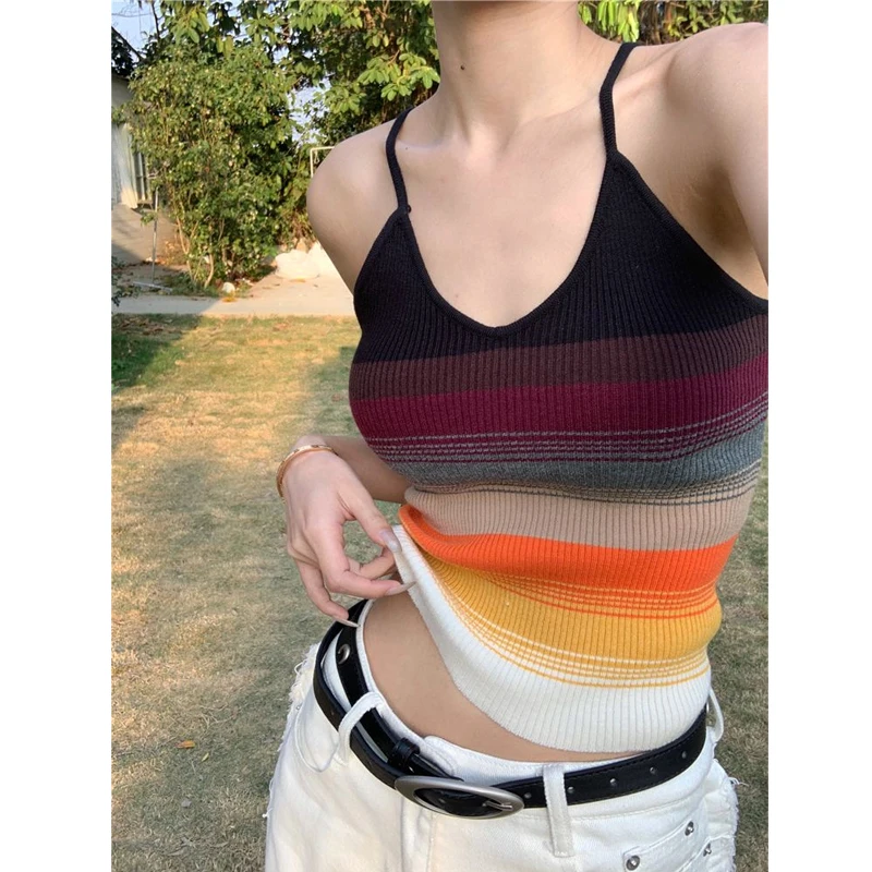 Trend Gradient Striped Knitted Camisole Vest Summer New Sleeveless Slim Short Sexy Backless Tops Tees Fashion Y2K Women Clothing