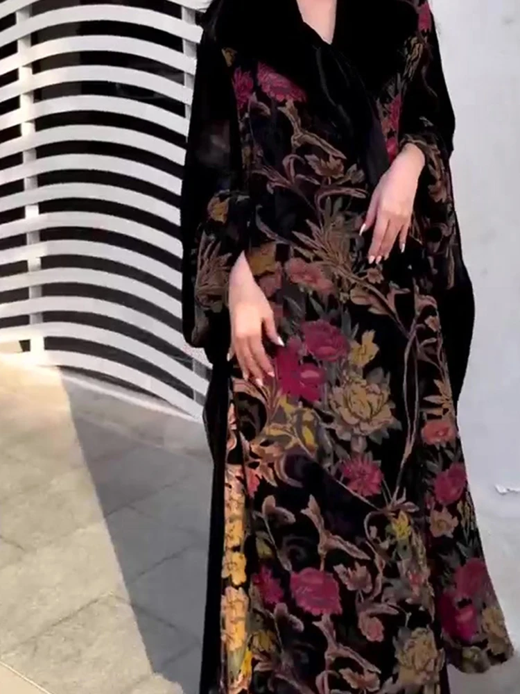 

Vintage Floral Printed Velvet Cardigans Autumn Winter New Lapel Women's Commute Overcoat Temperament Long Sleeve Warm Outerwear