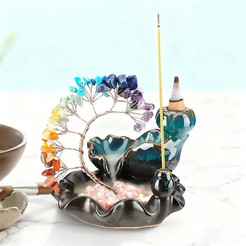 Natural Rainbow Crystal Shattered Stone Craft Artwork Crystal Tree Handmade Incense Holder Home Decor Decorative Items