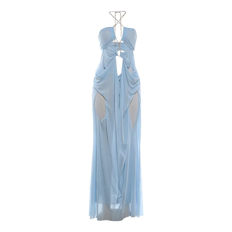 Lange jurk van doorschijnend mesh in effen kleur voor dames, met strass-ketting, halternek, uitsnijding en open rug, sexy feest- en cluboutfit