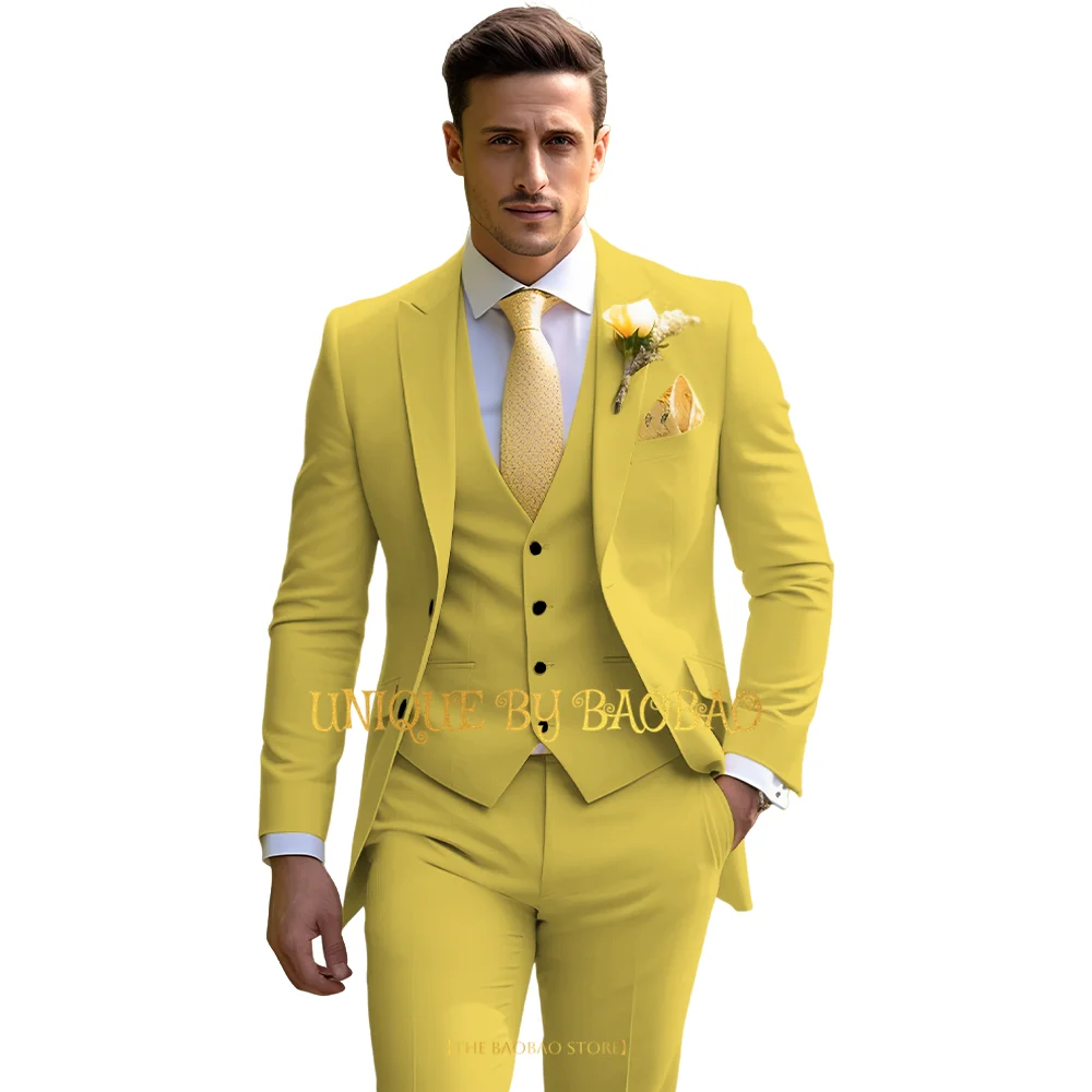 Men's yellow 3-piece suit (jacket+vest+pants) peak lapel slim fit business conference graduation wedding cocktail party tuxedo