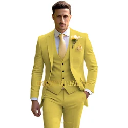 Abito da uomo giallo in 3 pezzi (giacca + gilet + pantaloni) smoking da cocktail party per conferenze aziendali slim fit con risvolto a punta