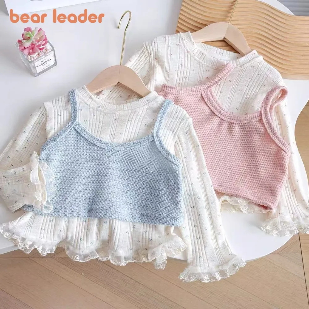 

Bear Leader Autumn Girls' Top Two-piece Set Floral Long Sleeved Lace Bottom Shirt + Camisole Vest Sweet Cute Children's Clothing
