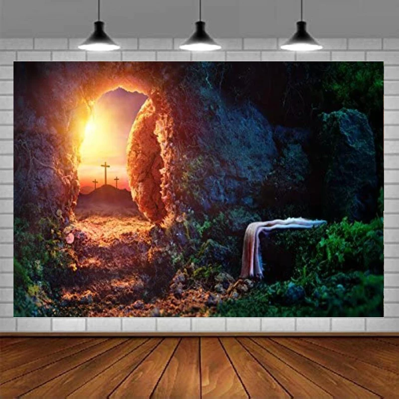 Cross Crucifixion Sunrise Empty Tomb Photography Backdrop Shroud Jesus Christ Holy-Light Stone Hole Landscape Background Decor