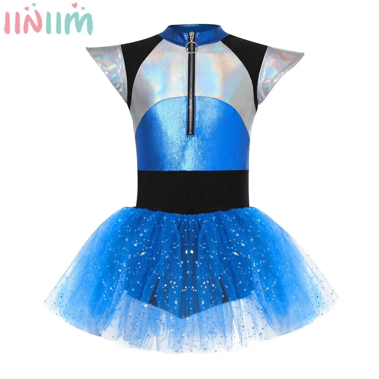 Costume de cosplay extraterrestre pour filles, robe de performance de danse pom-pom girl, manches courtes, justaucorps brillant, tutu, fête d'Halloween, carnaval, 6 à 16 ans