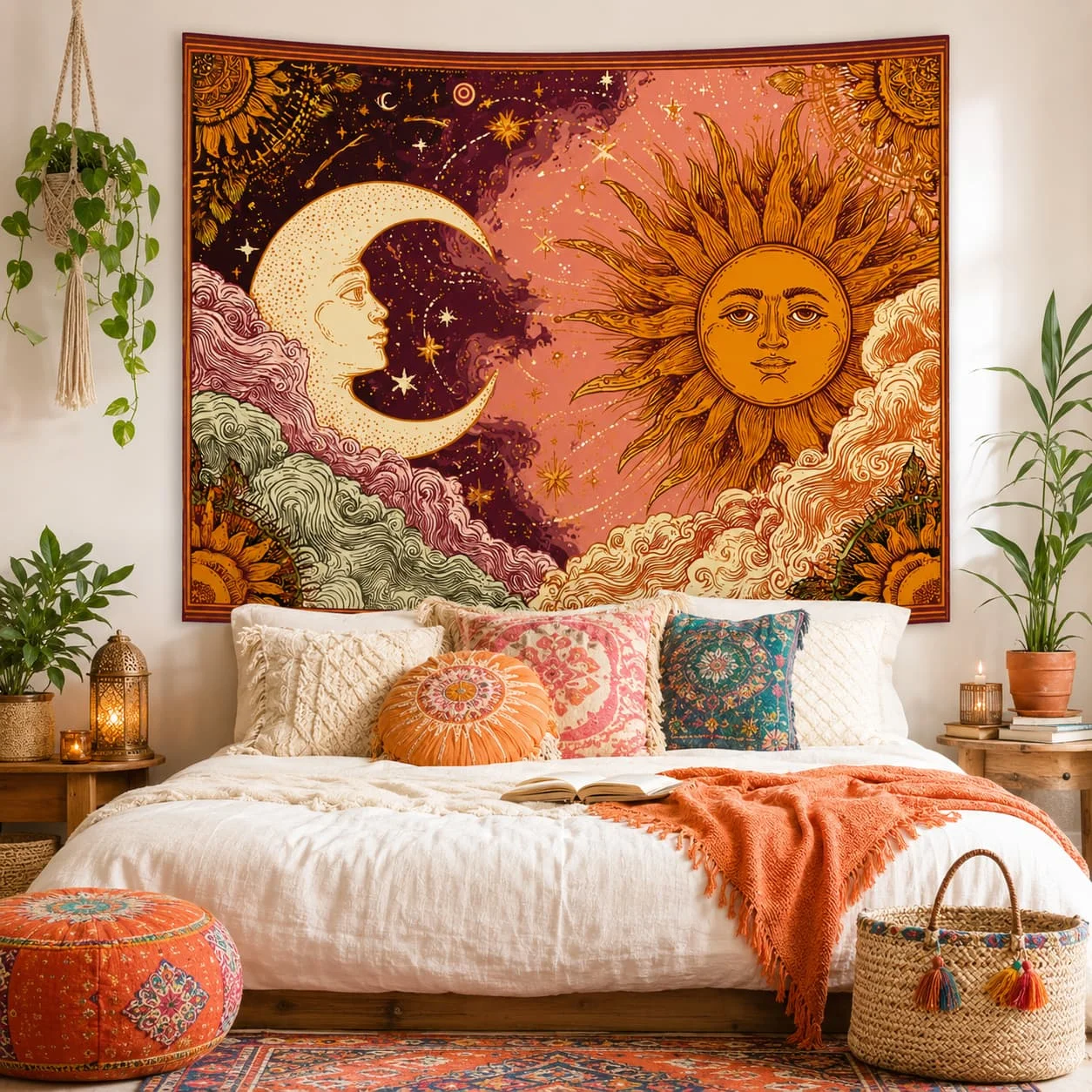 Sun and Moon Tapestry Retro Bohemian Wall Hanging Sun and Moon Shine Starry Fantasy Realm Tapestry Wall Art Wall Decor, Suitable for Living Room Bedroom Dorm Decor Home Decor Wall Hanging, Home Decoration, Celestial Design, Bohemian Style