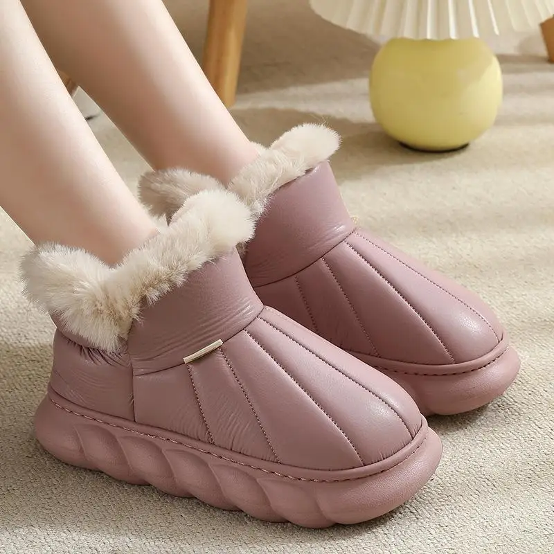 Thick Heeled Women Ankle Boots Waterproof PU Leather Cotton Shoes for Couples New Winter Anti Slip Warm Plush Furry Snow Boot