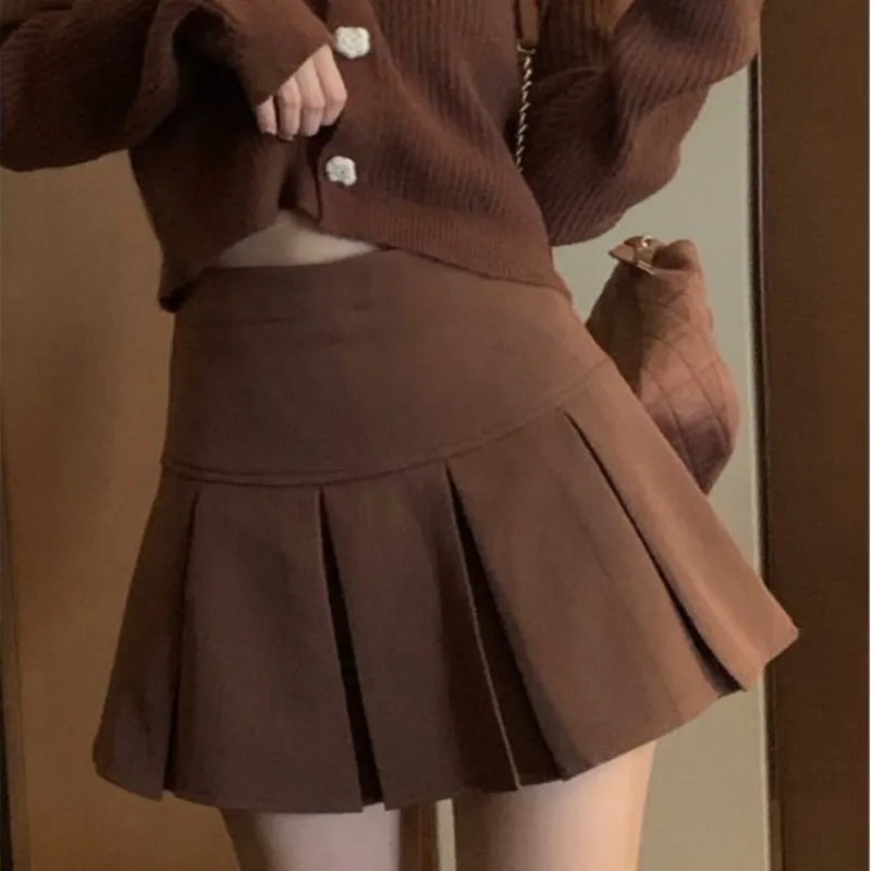 Vintage coklat rok lipit Wanita Musim Semi Musim Panas 2024 gaya Korea Y2K pinggang tinggi A-line rok Mini Preppy gaya gadis kasual