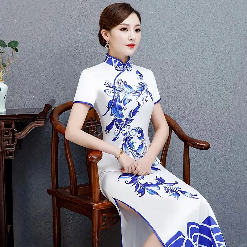 

Summer Women Vintage Aodai Cheongsam Short Sleeve Oriental Flower Print Evening Party Dress Vietnam Costumes