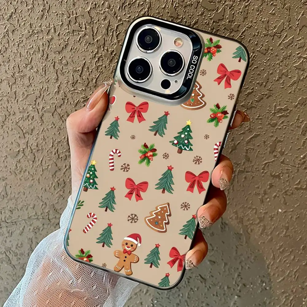Cartoon Christmas Tree Snowman Phone Case For iPhone17,16,15,14,13,12,11 Pro Max black Matte Shockproof Cover