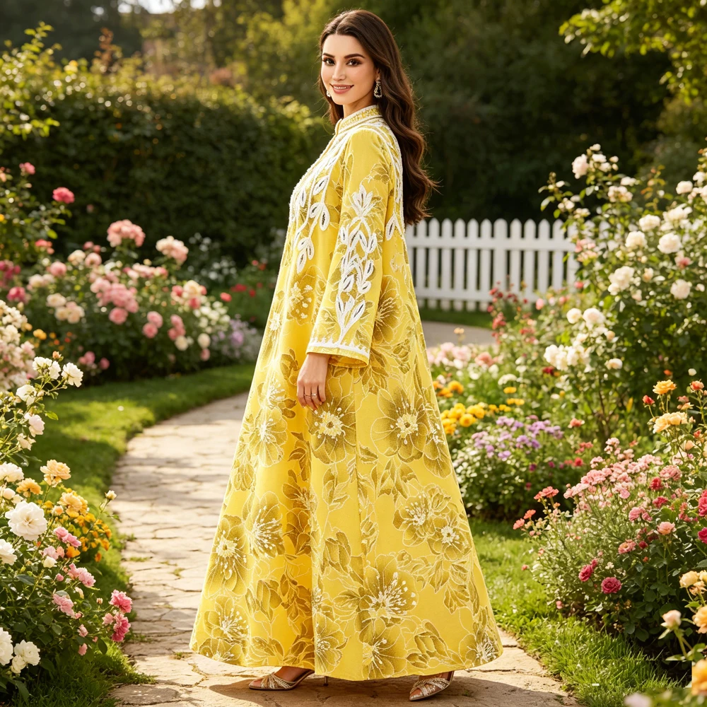 

Musulmane Dubai Abaya Floral Embroidery Maxi Dress Muslim Women Turkey Kaftan Jalabiya Arabic Robe Casual Traditional Caftan New