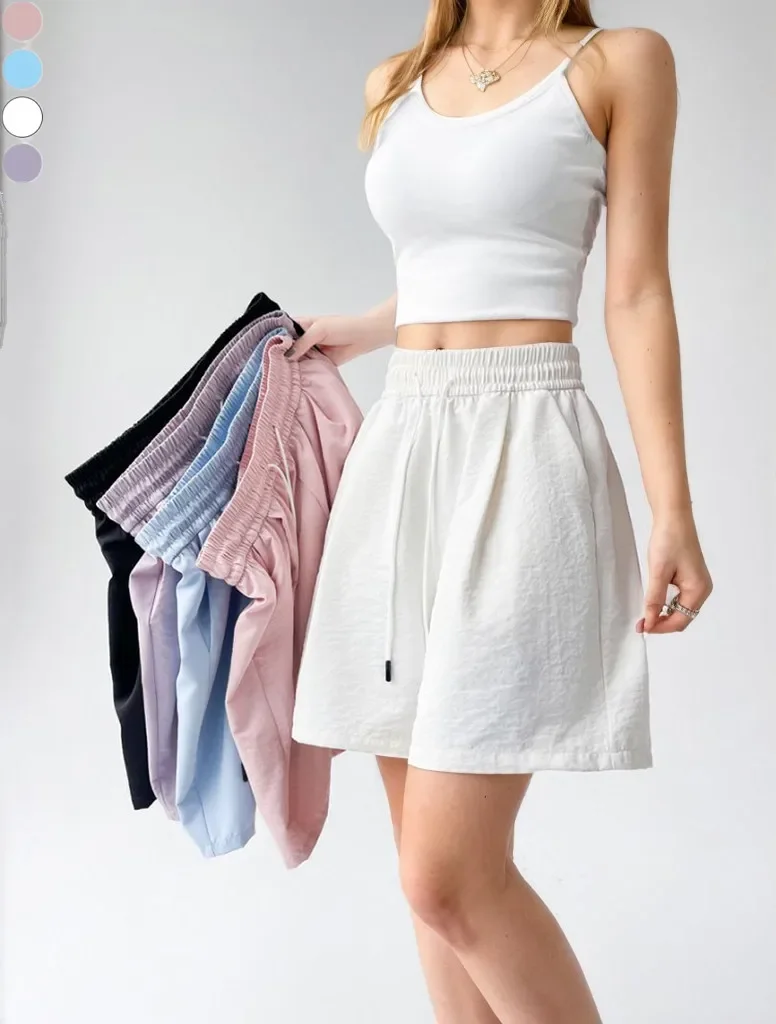 

Pop Casual Loose Summer Wide Leg Shorts For Women Elastic High Waist Bermuda Pants Ice Silk Knee Length Capris Trousers Lady
