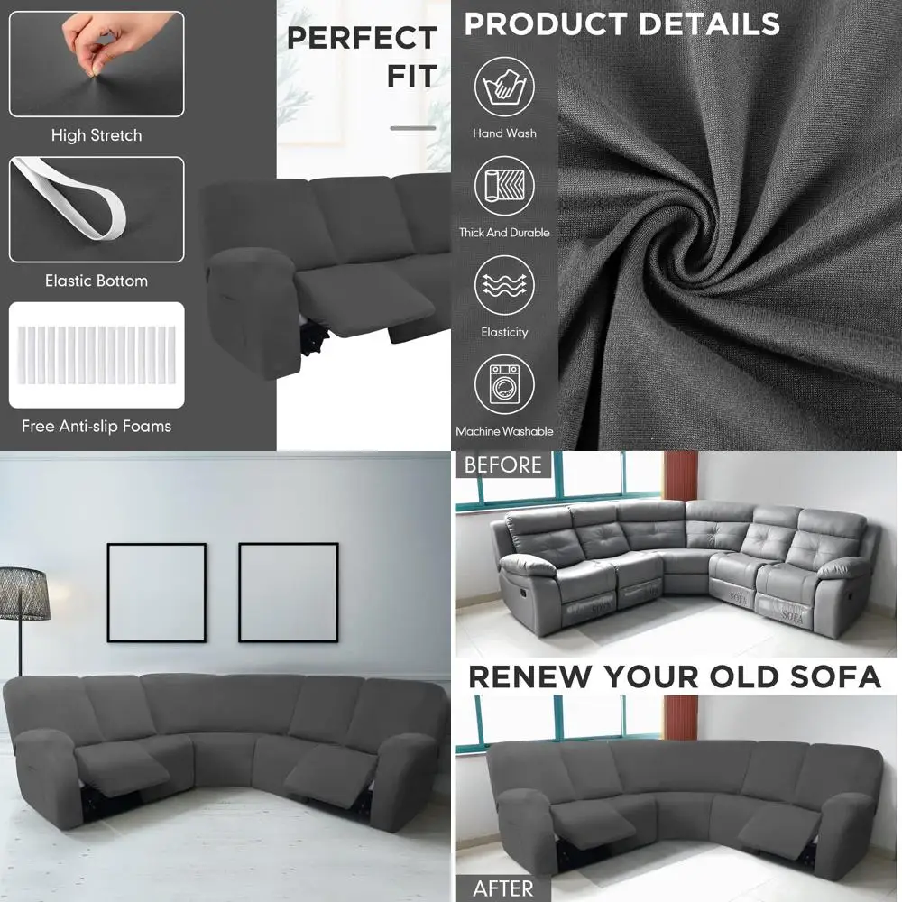 

Комплект чехлов для дивана с откидной спинкой L-образной формы из молочного шелка и бархата для 5-местных секций, темно-серый, защита для мебели для гостиной