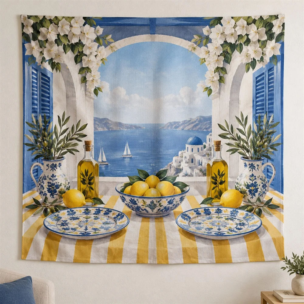 VIKAMA Mediterranean Table Mirror Symmetric Tapestry Wall Hanging, Mediterranean Wall Decor Tapestries for Living Room Bedroom