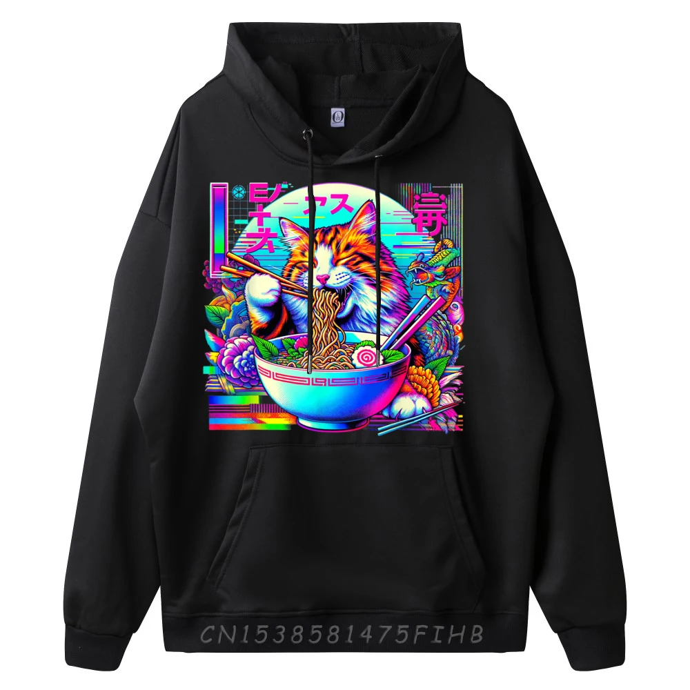 Vaporwave Japanese Glitch Cat Eating Ramen Pink Graphic Tees Luxury Sweater Letter Christmas Sweater