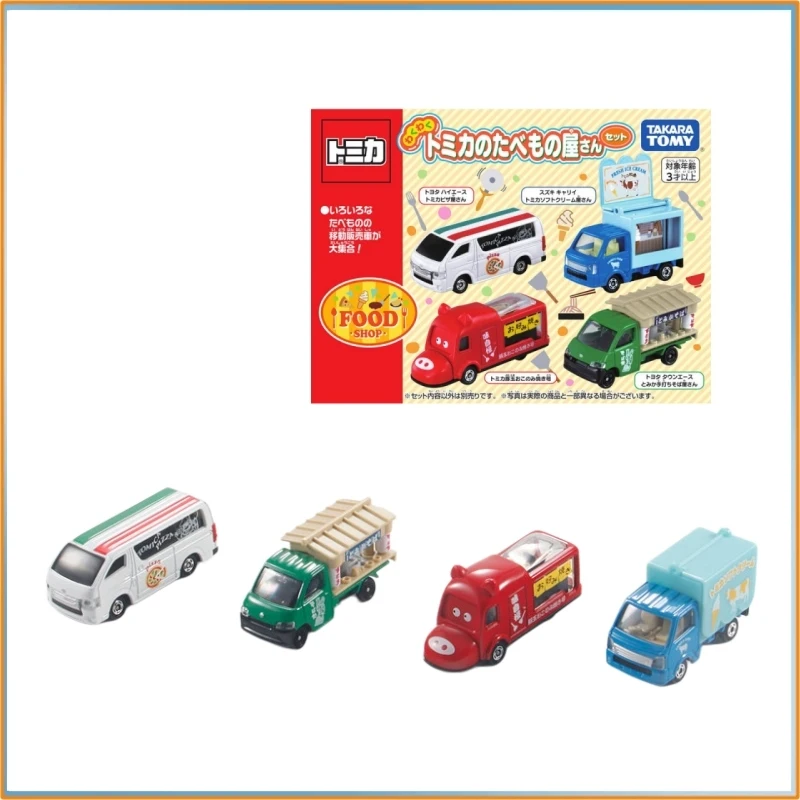 Auténtico Set de 4 Camiones de Comida de Juguete Tomica 176510 de Aleación Fundida a Presión: Pizza, Helado, Takoyaki, Soba - Regalo Ideal