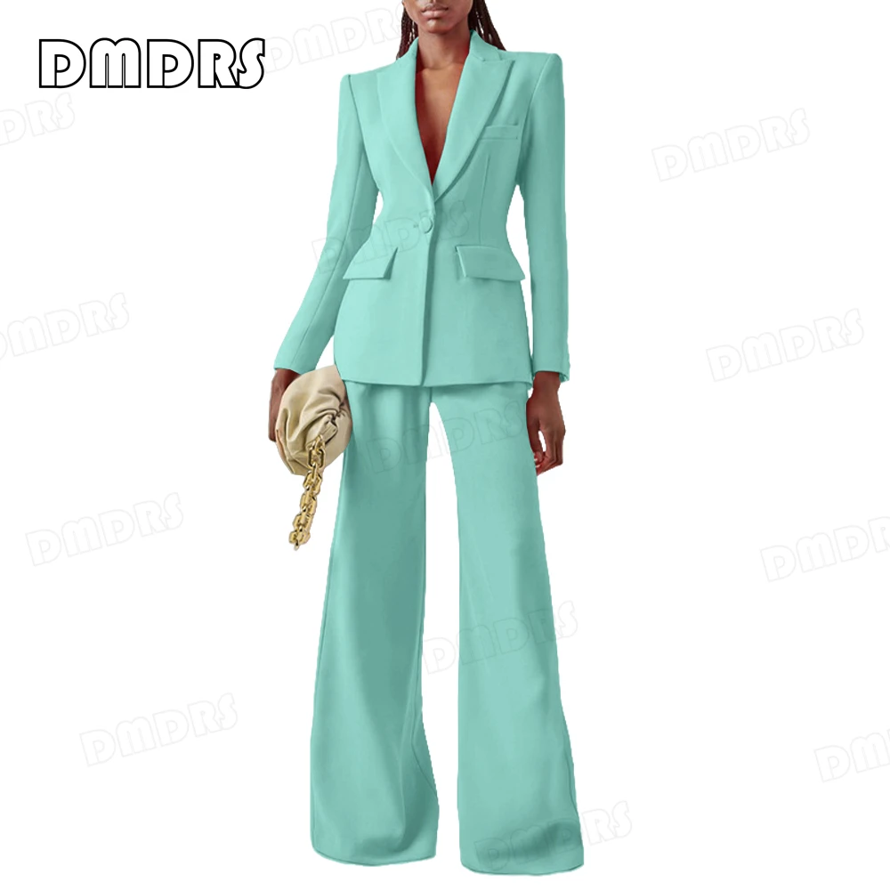 

Slim Fit Women's Formal Suit Set, 2-Piece Solid Classy Tuxedo Pants Set, Many Colors One Button Blazer Jacket Flare Pants Sets