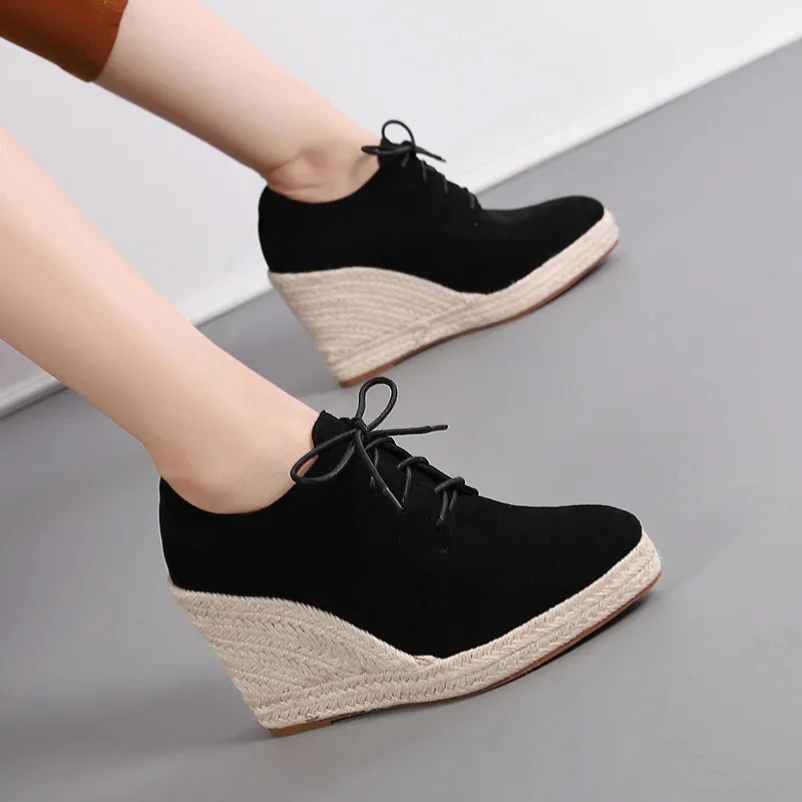 

2025 Autumn and Winter New Women's Wedges Pumps Thick-soled Lace-up Shoes Espadrilles High-heeled Thick-heeled Straw Woven