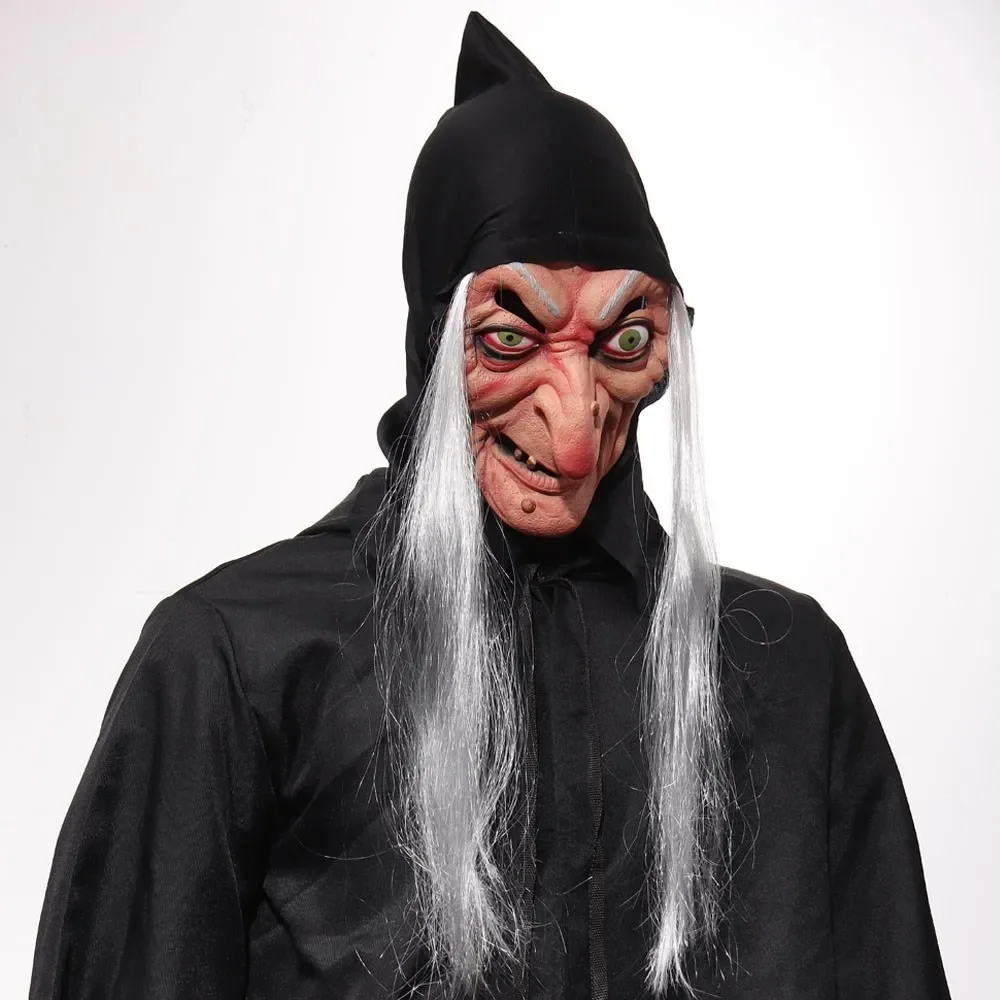 Maschera da strega di Halloween Cosplay Spaventoso Fantasma Faccia Strega Vecchia Nana Nonna Casco in lattice Vestire Puntelli per costumi da festa
