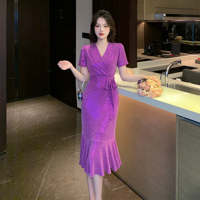 Ofallsis V neck Sequins Evening Dress 2024 Summer New Sexy Korean Chic Celebrity Slimming Style Fishtail Dresses Female Vestidos