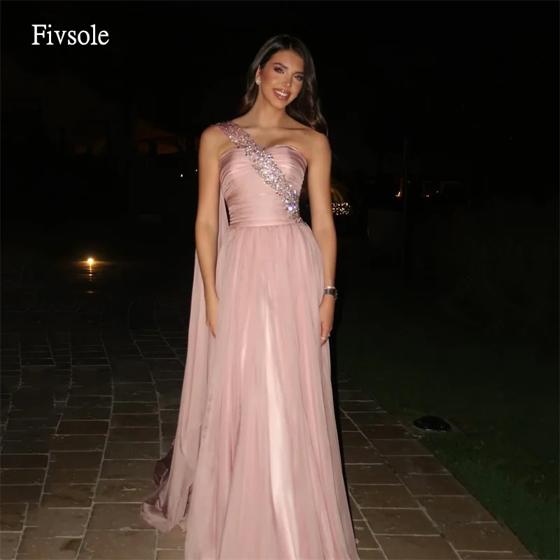 

Fivsole Maxi Pink Beaded A Line Prom Gowns One Shoulder Party Gown Floor Length Evening Dress vestido de gala Customized