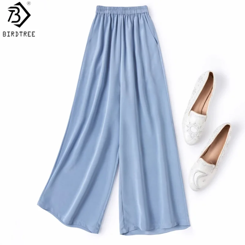 Birdtree, 32MM 93% Silk 7% Spandx Pants, Women's Solid Double Crepe Straight Trousers, Elastic Waist, 2026 Summer New P64702JF