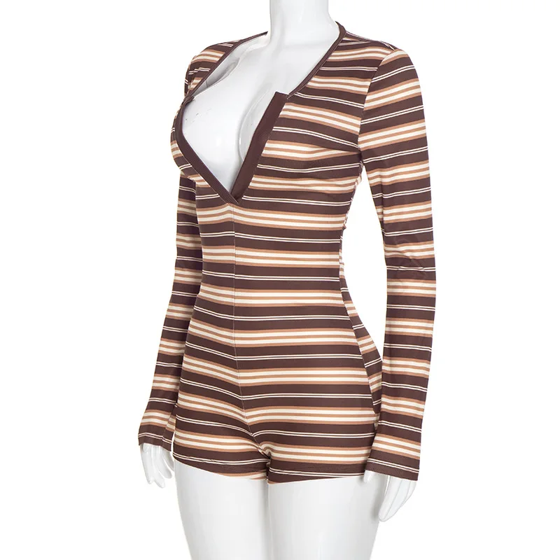 JENYAGE Damen Gestreifter Gerippter Romper mit Tiefem V-Ausschnitt, Langen Ärmeln, Figurbetonter Kurzer Overall, Sexy Club-Outfit, Brauner Streifen, Einteiliger Playsuit – Detail 9