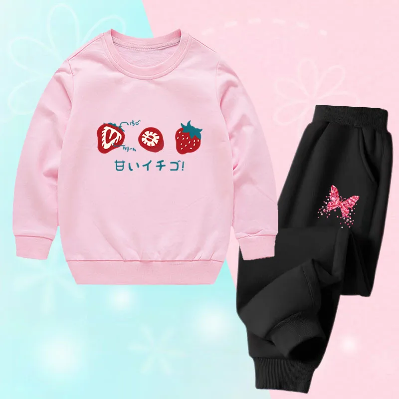 Girls 2‑Piece Outfit Sweet Strawberry Print Crew Neck Sweatshirt + Sweatpants Kids Casual Tracksuit